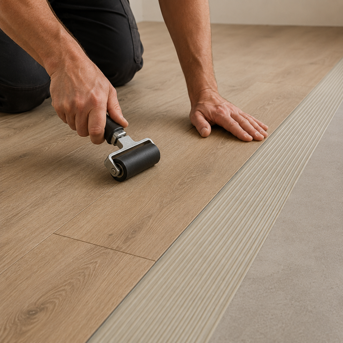 Stabiler LVT-Klebevinylboden im Querschnitt auf vorbereitetem Untergrund