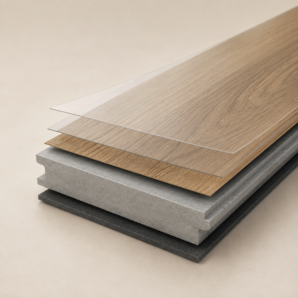 Schichtaufbau eines SPC-Vinylbodens mit Nutzschicht und formstabilem Träger