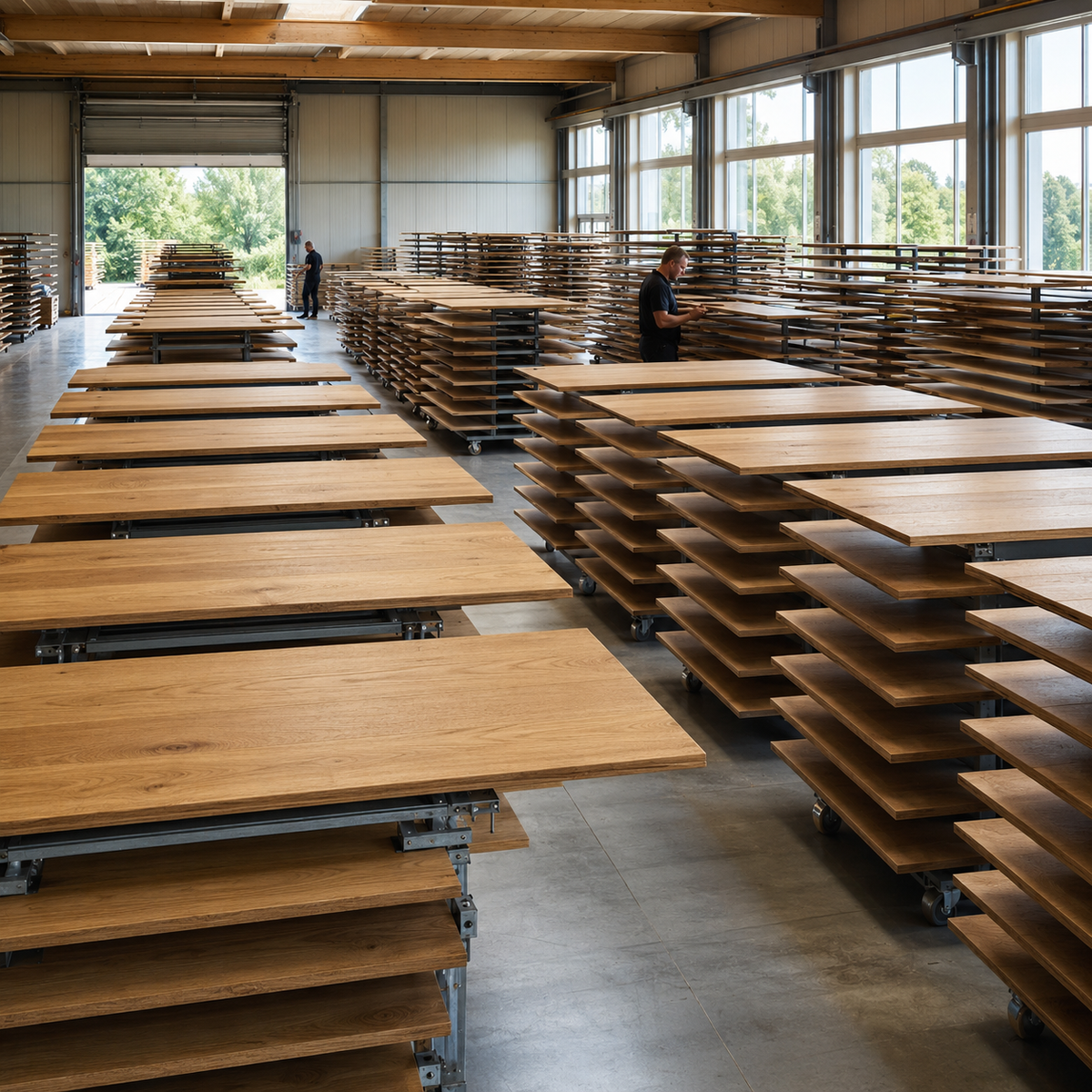 Geölte Eichenholzdielen bei der natürlichen Lufttrocknung in der Produktion