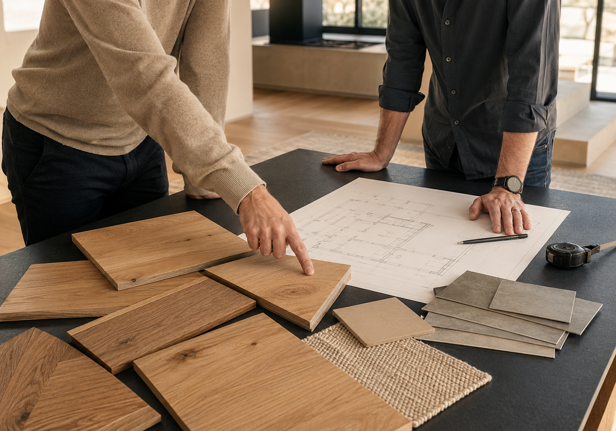 Bemusterung von Parkett- und Vinylböden mit Materialmustern und Grundriss