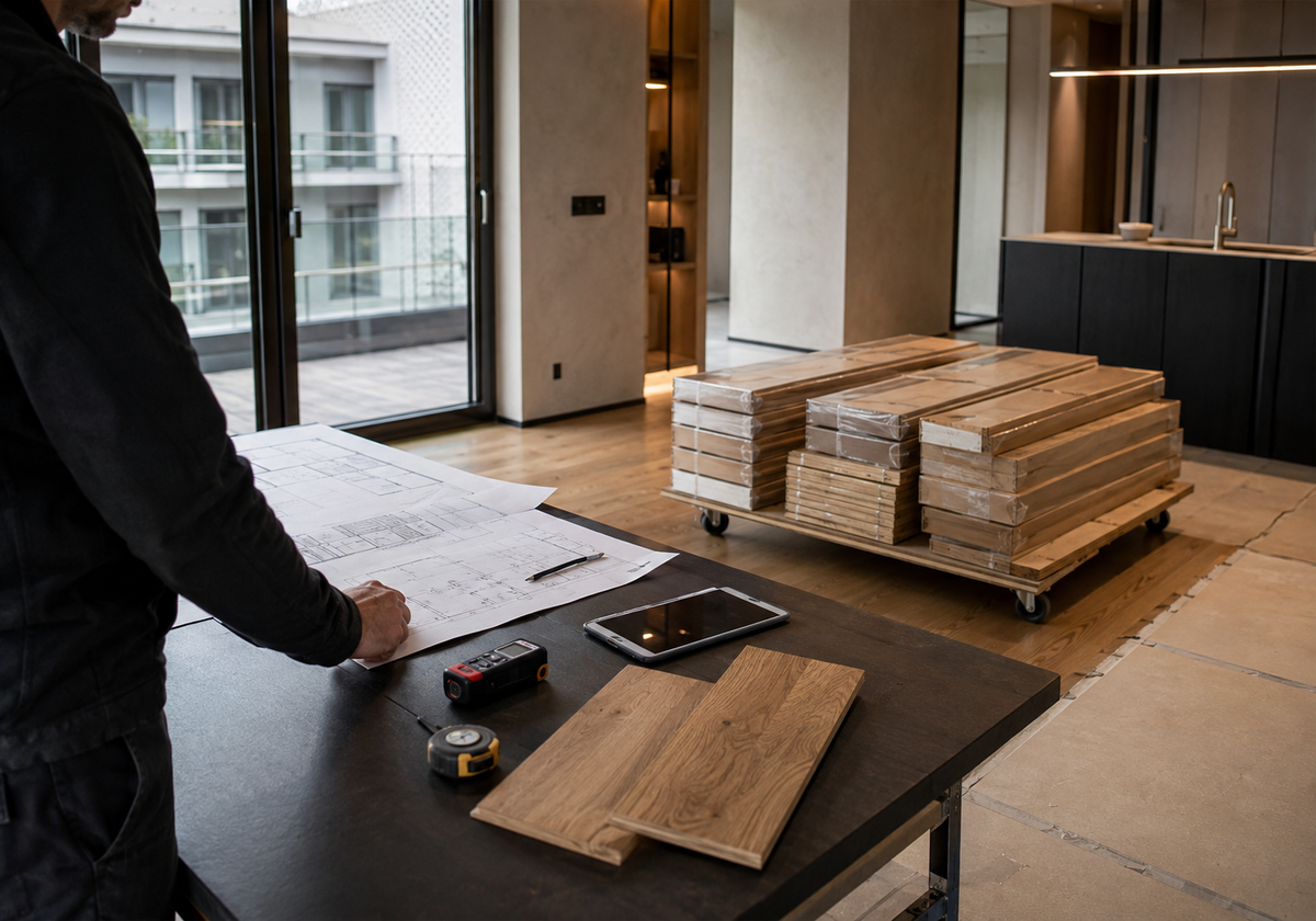 Bodenprojekt im Innenausbau mit verpackten Dielen und abgestimmter Projektplanung