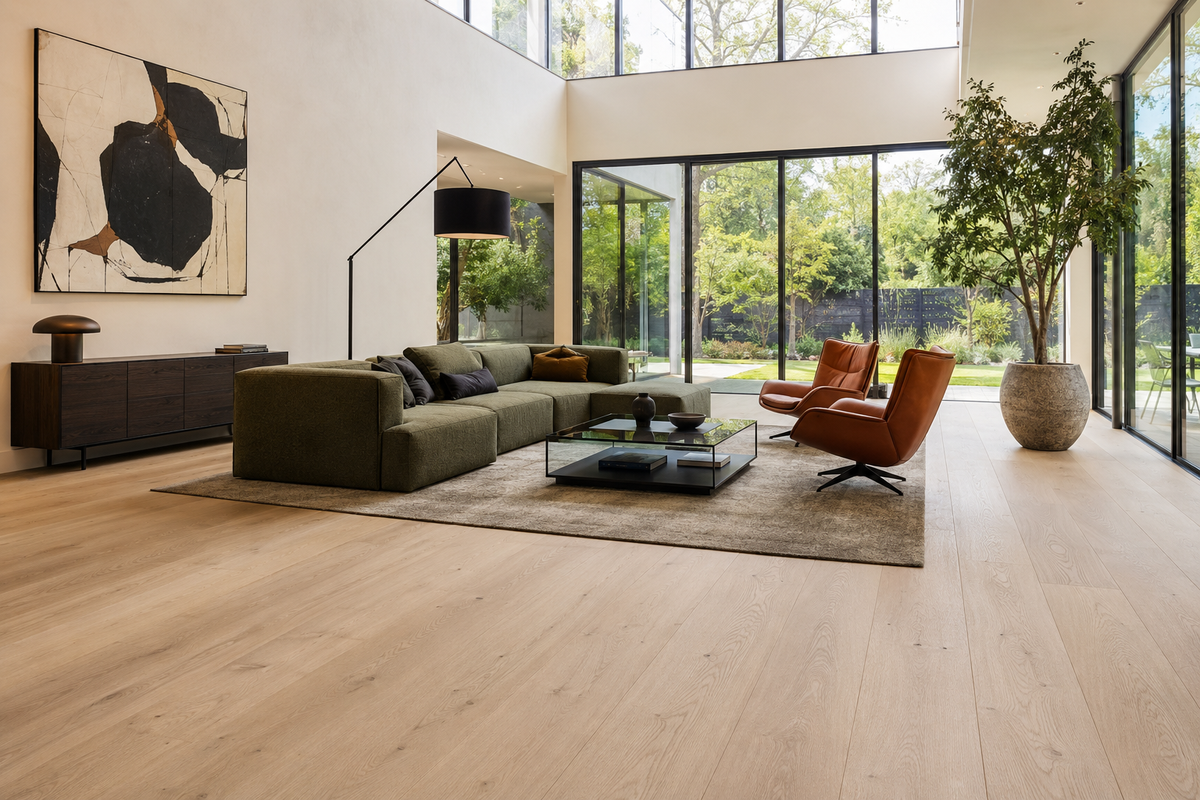Modernes Wohnzimmer, Eiche Classic Landhausdiele 190, verlegt in der Ölung White 5%, Parkett